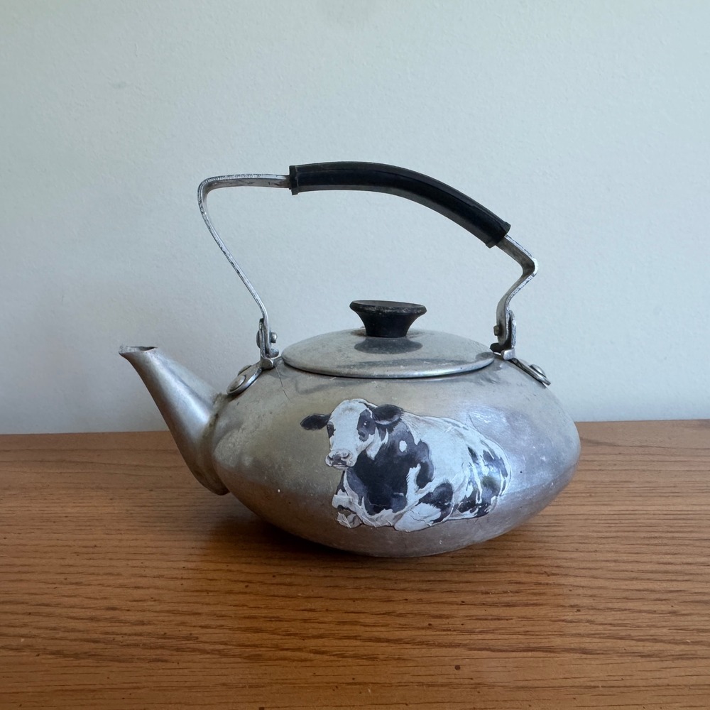 Vintage Aluminum Tea Kettle Cow Graphic Farmhouse Decor Rustic Teapot Small